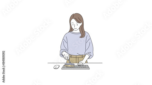 Illustration of a woman cleaning her keyboard, a minimalist design concept in white space