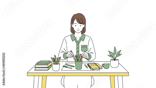 Illustration of a woman sitting and working at a desk with pens, books and a plant