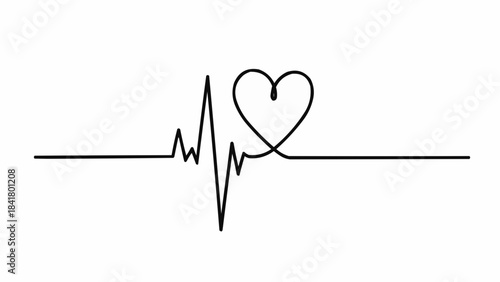 Minimalist continuous line drawing of a heart rate monitor line ending in a heart shape