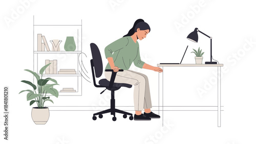 Illustration of a woman sitting at a desk with a laptop and a plant pot, work concept