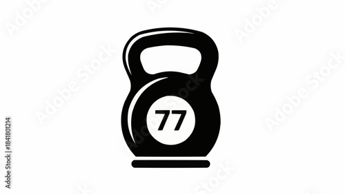 Black and white icon of a kettlebell weight marked with the number 77