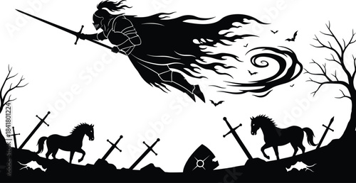 Flying Ghost Knight Silhouette with Sword Over Battlefield, Dark Castle Fantasy Vector