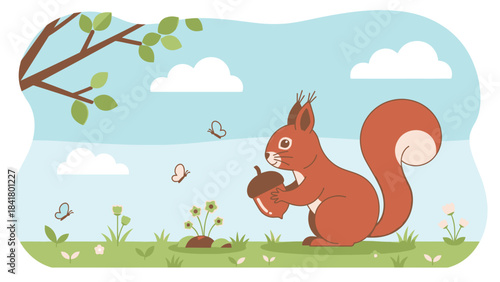 Whimsical Squirrel Illustration: A charming, illustrated squirrel clutches an acorn amidst a scene of blossoms, butterflies, and a verdant landscape, rendered in a simple, inviting style.