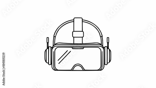 Outline drawing of a virtual reality headset with integrated headphones