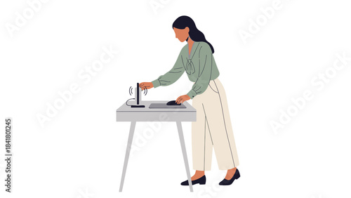 Illustration of a woman using a computer at a desk, simple, modern workplace design