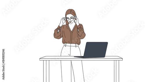 Illustration of a woman wearing glasses with laptop on a desk and a white background