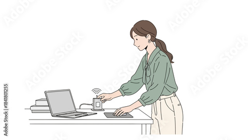 Illustration of a woman using a contactless payment device and a laptop computer