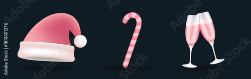 Pink color Christmas Santa hat, champagne glasses with sparkling drink and candy cane icon on dark background