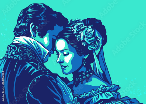 Victorian Romance Couple in Elegant Period Costume Portrait