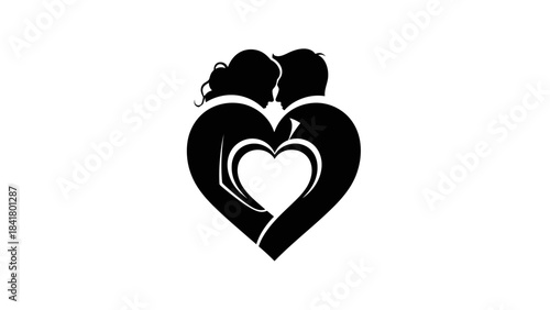 A black silhouette of a loving couple embracing, forming a heart shape with a smaller white heart inside, symbolizing romance and connection.