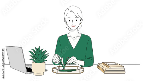 Illustration of a woman with a laptop and plants working or crafting at her desk