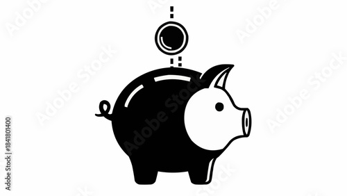 Simple black and white icon of a piggy bank receiving a coin for savings