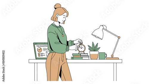 Illustration of time management concept with woman and clock on the desk