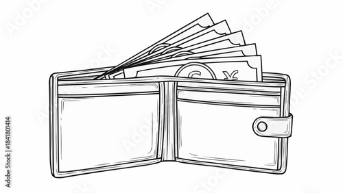 Hand drawn sketch of open wallet full of cash money banknotes illustration