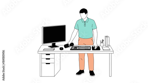 Illustration showing a man standing at a desk with a computer and office equipment