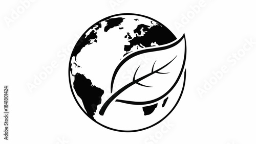 Black and white icon of the earth globe with a large leaf overlay, symbolizing ecology and environment