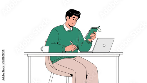 Illustration showing a man working at a desk taking notes and using a laptop