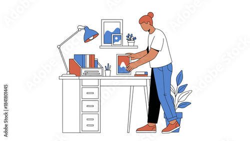 Illustration showing a person arranging a picture, office work, and design element