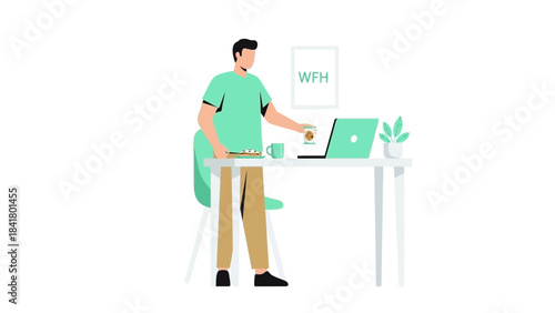 Illustration showing a man working at home in front of a laptop and having breakfast