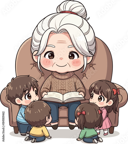 Title: Chibi Grandma Reading a Book to Three Grandchildren - Cute Vector of Intergenerational Family Bonding and Story Time