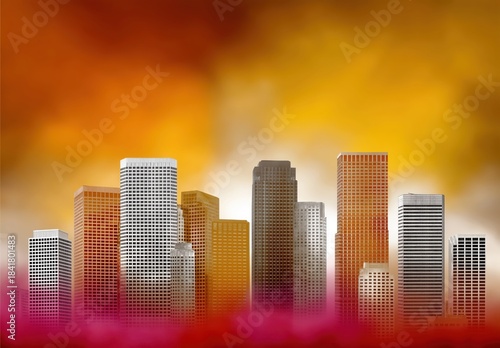 Futuristic city skyline in sunset hues with copy space, blurred background, abstract design