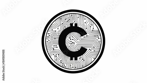 Cryptocurrency cent coin symbol on circuit board pattern black and white icon