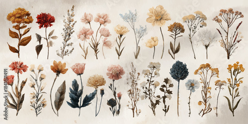 Collection of delicate dried flowers and botanicals in muted earthy tones on a neutral background