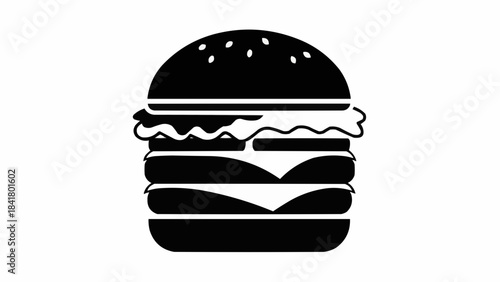 Black and white icon of a delicious double cheeseburger sandwich