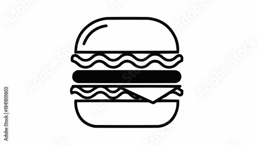 Simple black and white line art icon of a hamburger with patty and cheese