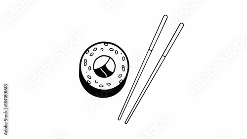 Hand drawn sushi roll with chopsticks icon, simple black and white line art