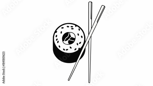 Sushi roll with chopsticks, simple line art icon