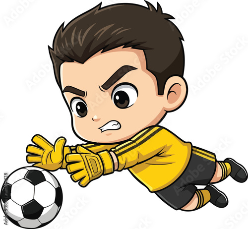 Cute cartoon chibi style soccer goalkeeper in a yellow jersey and black shorts diving to save a football with intense focus and determination