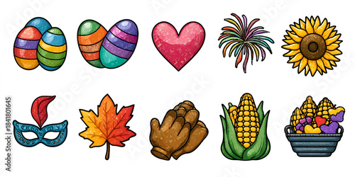 Collection of festive icons representing holidays and seasons including easter eggs heart fireworks sunflower mask leaf turkey corn and fruit basket