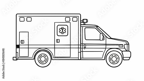 Outline drawing of an ambulance side view, emergency medical service vehicle line art