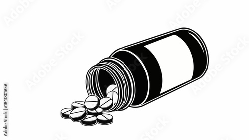 Pill bottle lying on its side with tablets spilling out, black and white line art