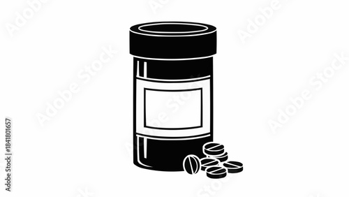 Black and white icon of a prescription pill bottle with loose tablets