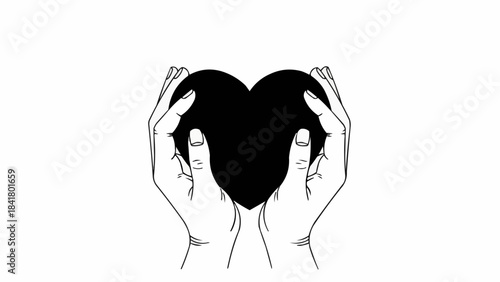 Black heart held gently by two hands outline drawing