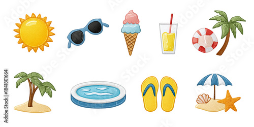 Collection of summer vacation icons featuring sun sunglasses ice cream drink palm trees and beach accessories