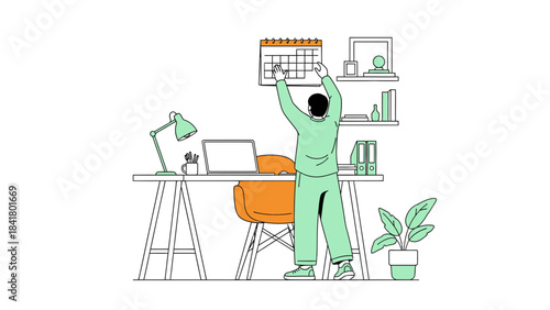 Man hanging calendar in his home office interior with desk and organized shelf