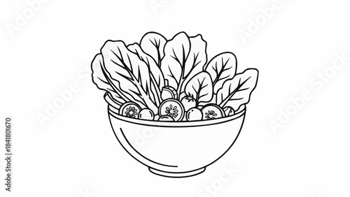 Black and white outline drawing of a fresh salad in a bowl