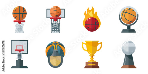 Collection of basketball themed icons representing sport competition and achievement