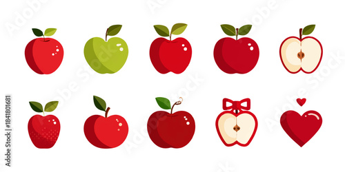 Collection of vibrant red and green apples whole and sliced with a heart shaped apple illustration