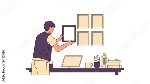 Man hanging picture frame at home office, interior design illustration concept, art decor