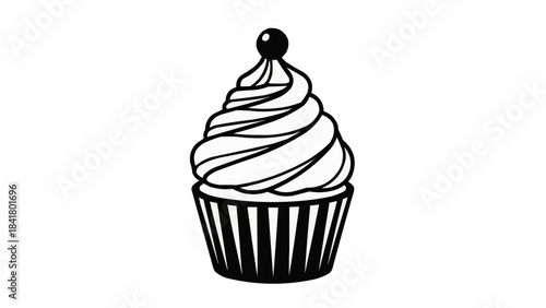 Black and white line art icon of a cupcake with frosting and a cherry on top