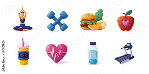 Healthy lifestyle icons representing fitness nutrition wellness and exercise on a white background