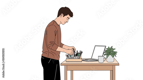 Man organizing pens at desk with laptop, plant and mug in a modern illustration