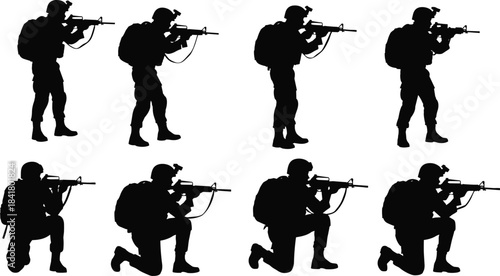 Black Silhouette Vector Set of Armed Soldiers Aiming Rifles, Military Infantry Squad Ready for Action, Tactical Combat Training Group, Fully Equipped Army Personnel.
