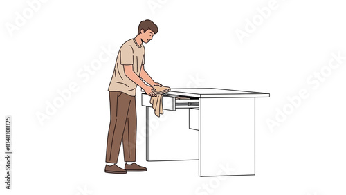 Man organizing the drawer of a desk, simple illustration on white background, cleaning, tidy