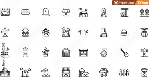 Village line landscapes with agricultural fields and farm buildings. Linear farming vector concepts. Farmland and field, illustration of an agriculture garden and plantation