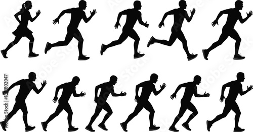 Black Silhouette Vector Set of Diverse Runners in Mid-Stride, Men and Woman Jogging or Sprinting, Full Body Running Poses, Athletic Sport and Fitness Illustration for Training.